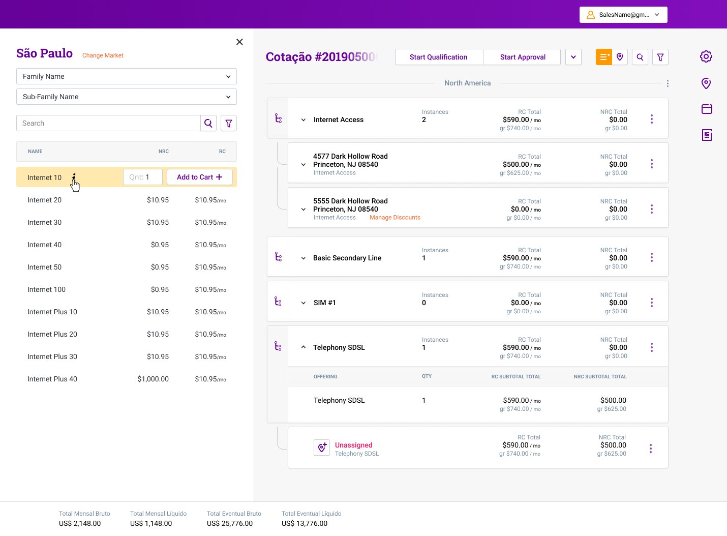 Step 1: Market and product selection. Family and sub-family catalog with add-to-cart. Replaces manual product lookup across separate tools.