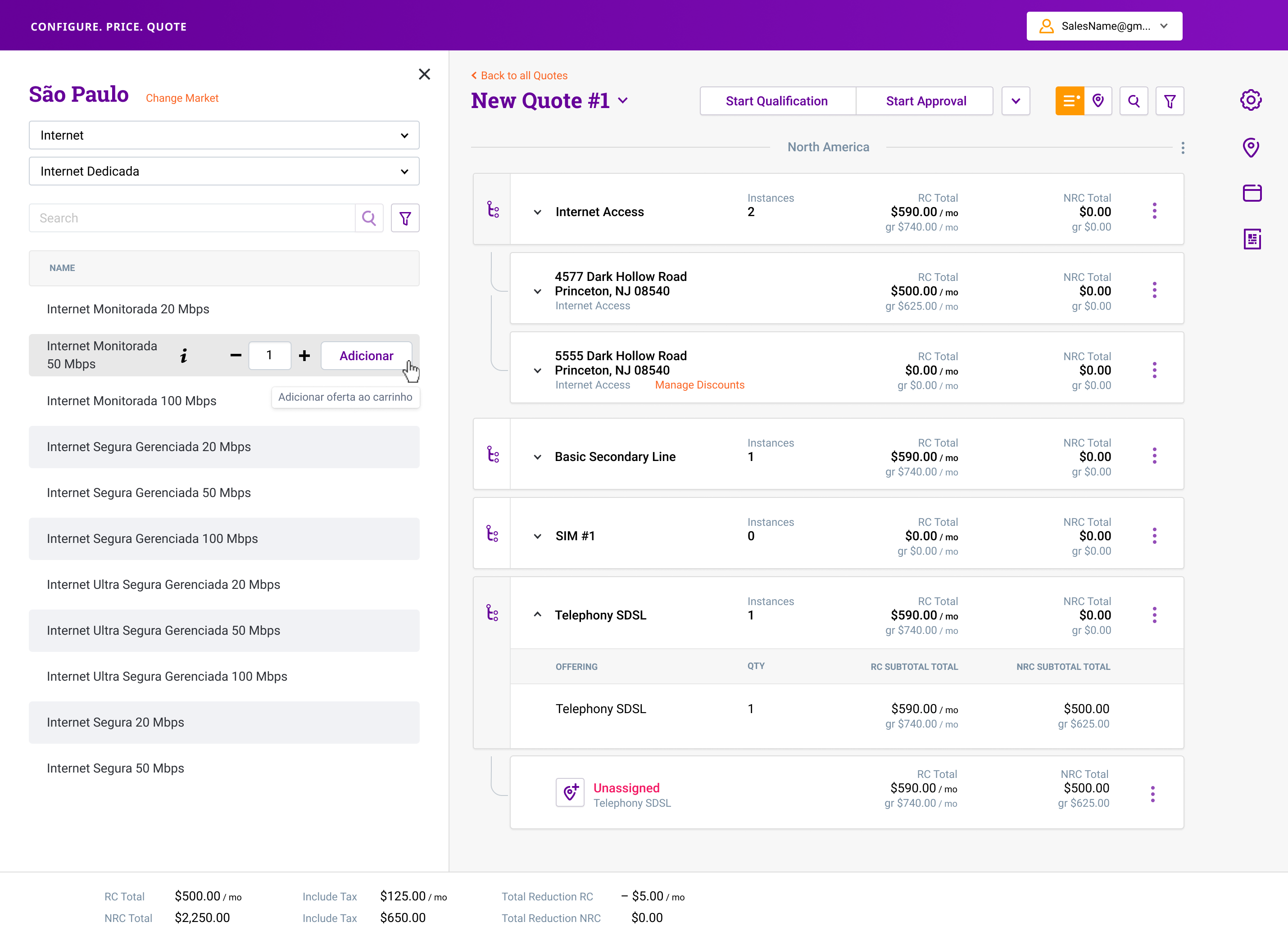 Sales workspace with a product catalog beside an open quote and an Add action ready