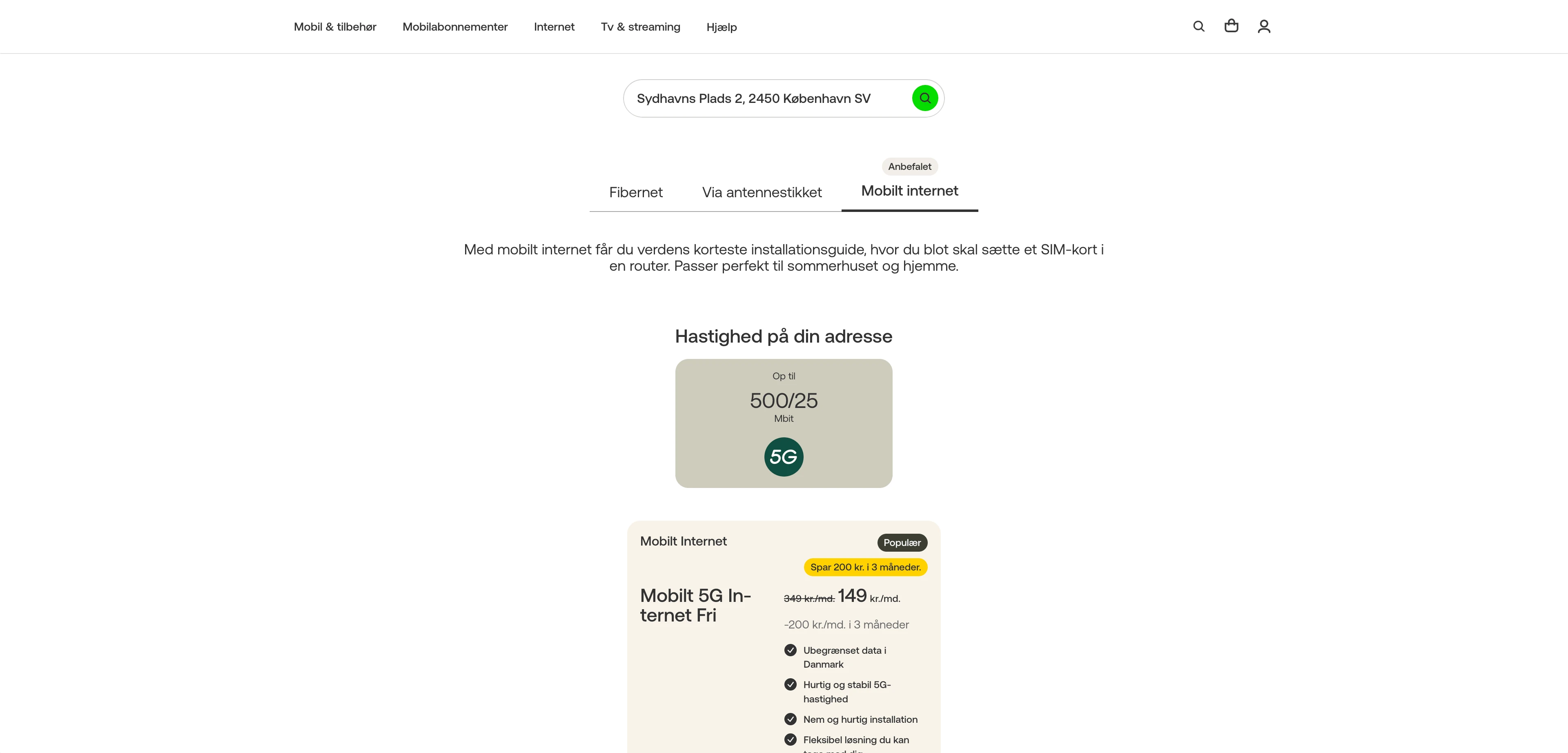 Customer portal showing mobile internet speed at an address, with a 5G 500/25 plan and offer card
