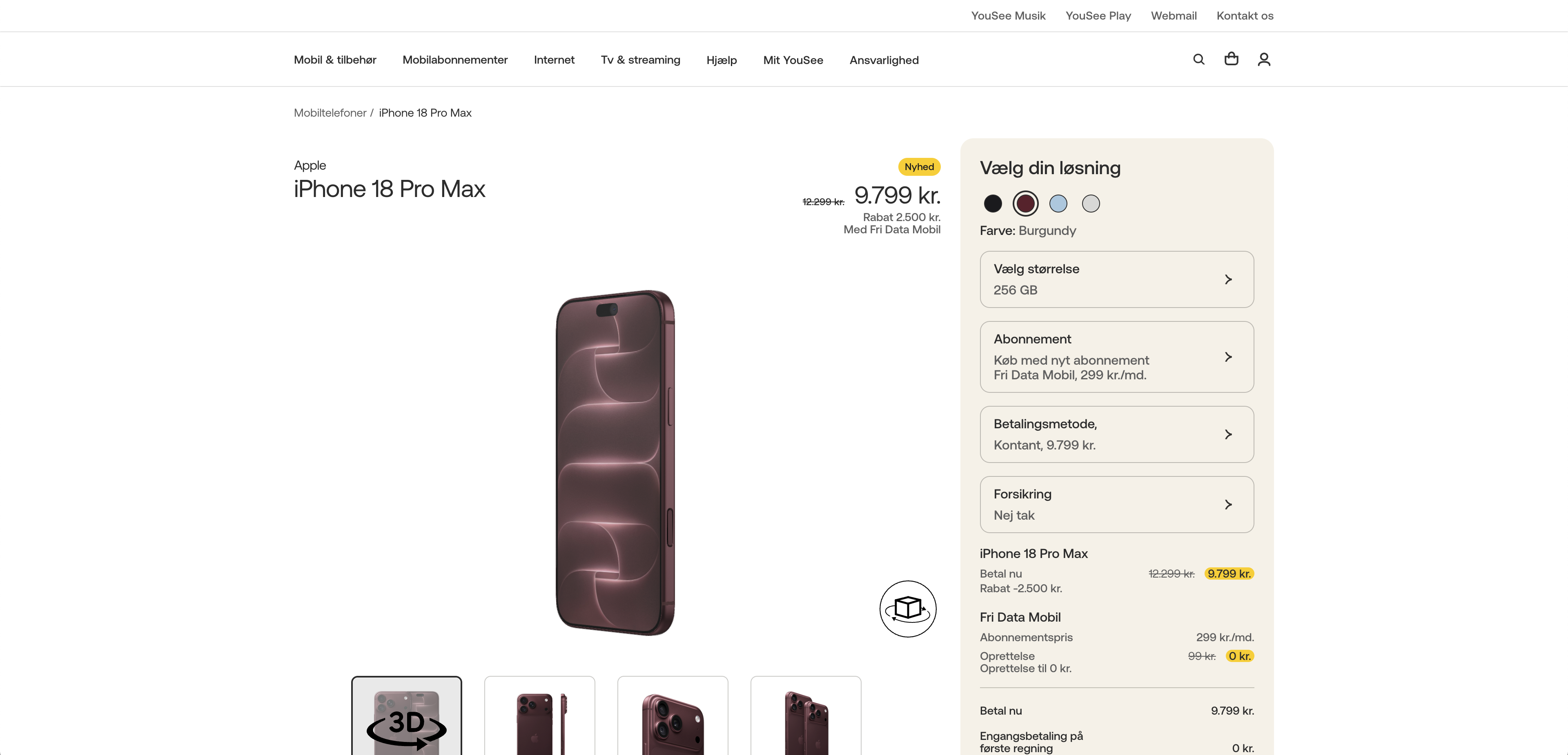 Customer portal product detail with a modular configuration sidebar for color, storage, subscription and payment