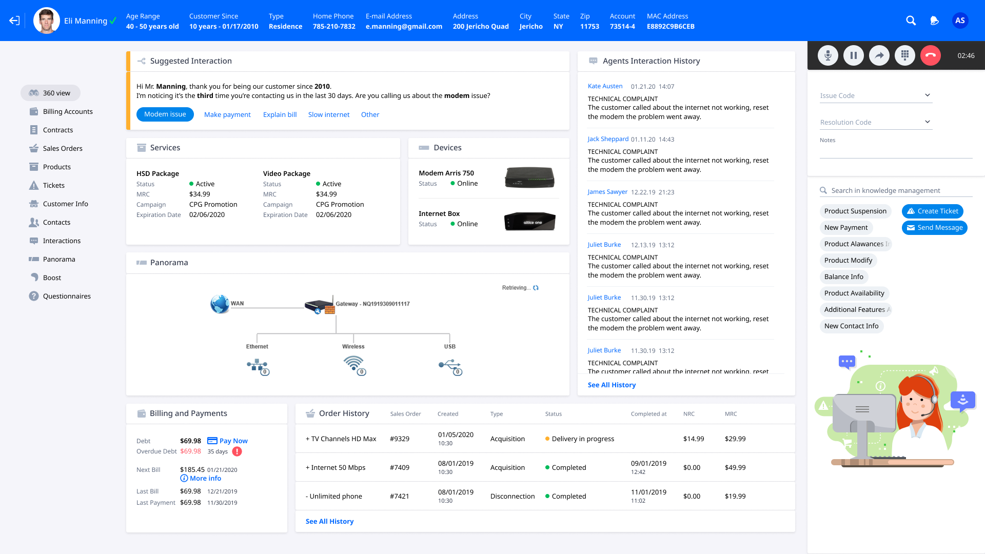 360° customer workspace with services, devices, network panorama, billing, and live call tools in one view