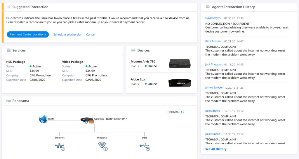 Suggested interaction script with services, devices and the network panorama
