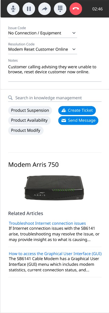 Suggested actions for tickets, payments and the modem reset