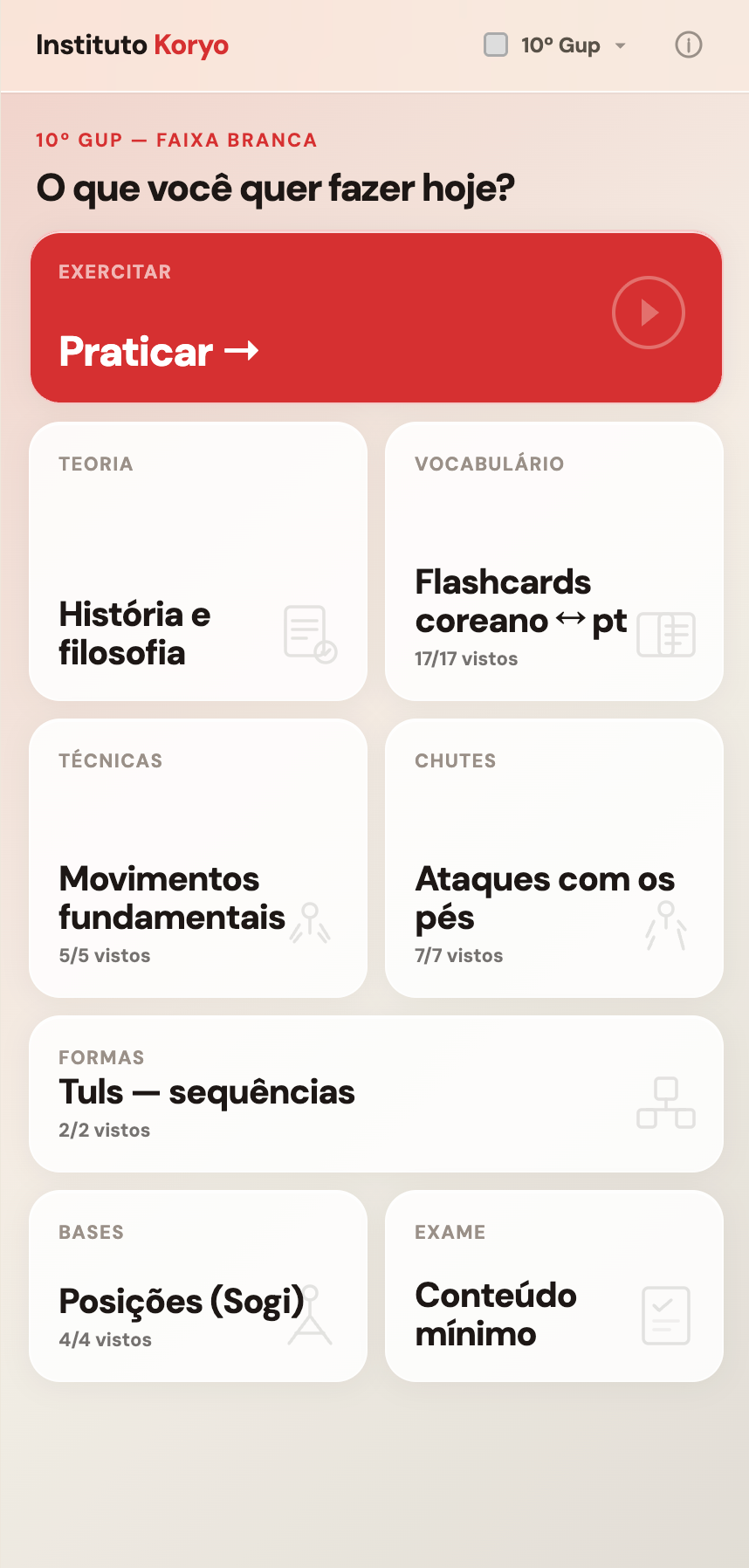 Home screen of the Instituto Koryo study app, with Practice as the primary action above study categories