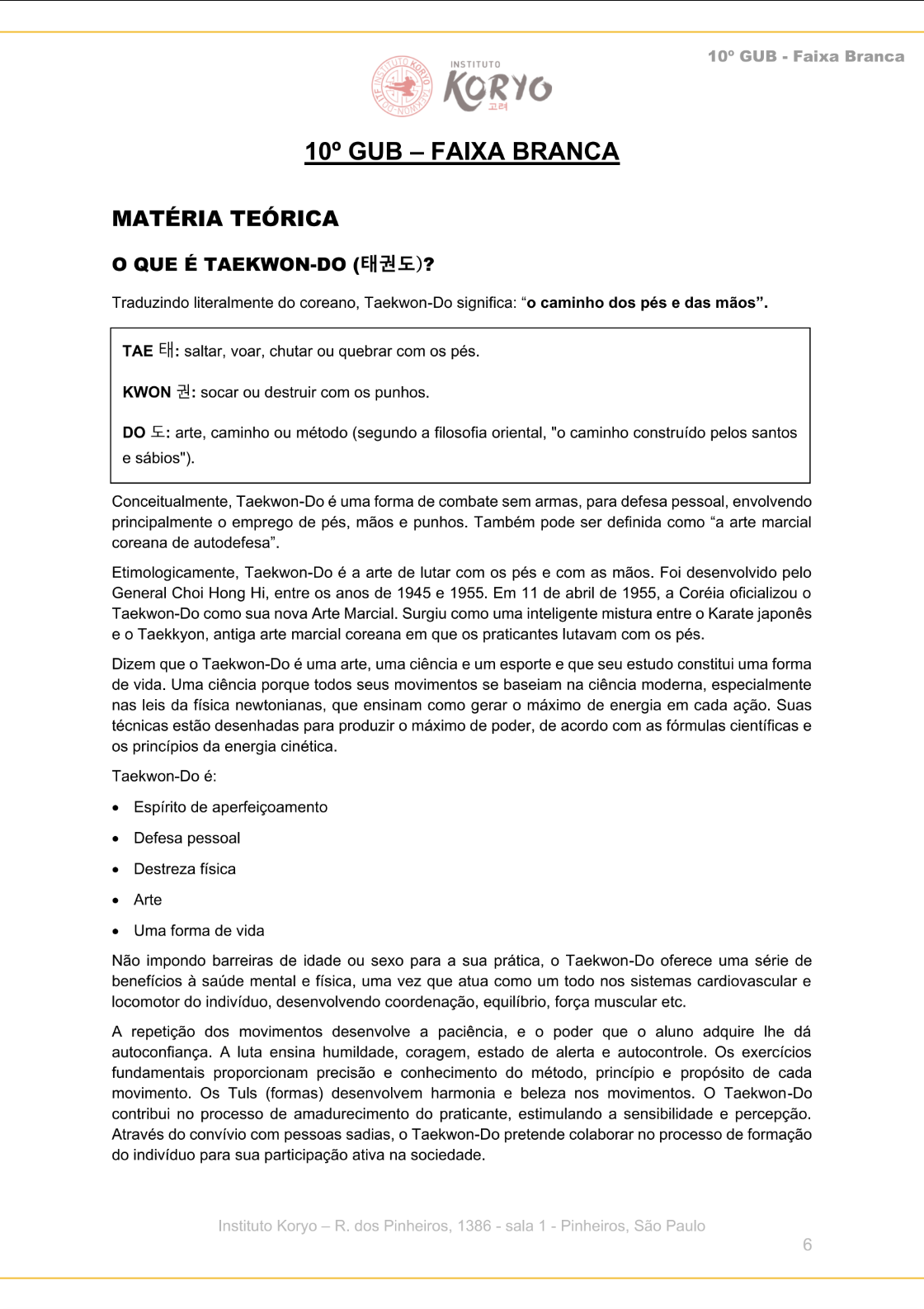 A page from the Instituto Koryo white-belt study guide: dense theoretical text on what Taekwon-Do means, with Korean terms, a boxed etymology and a long scroll of paragraphs.