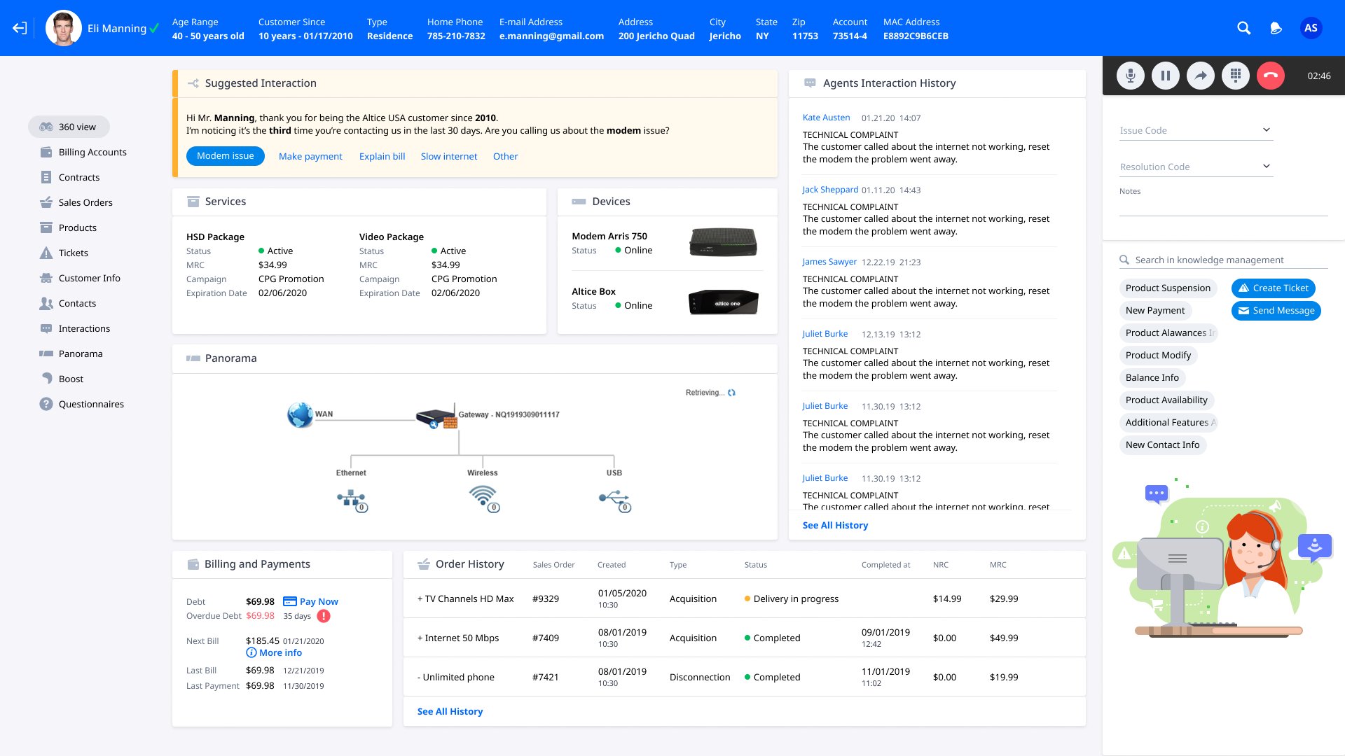 Unified agent workspace. Customer context, suggested interaction, services, devices and billing. One screen, mid-call.