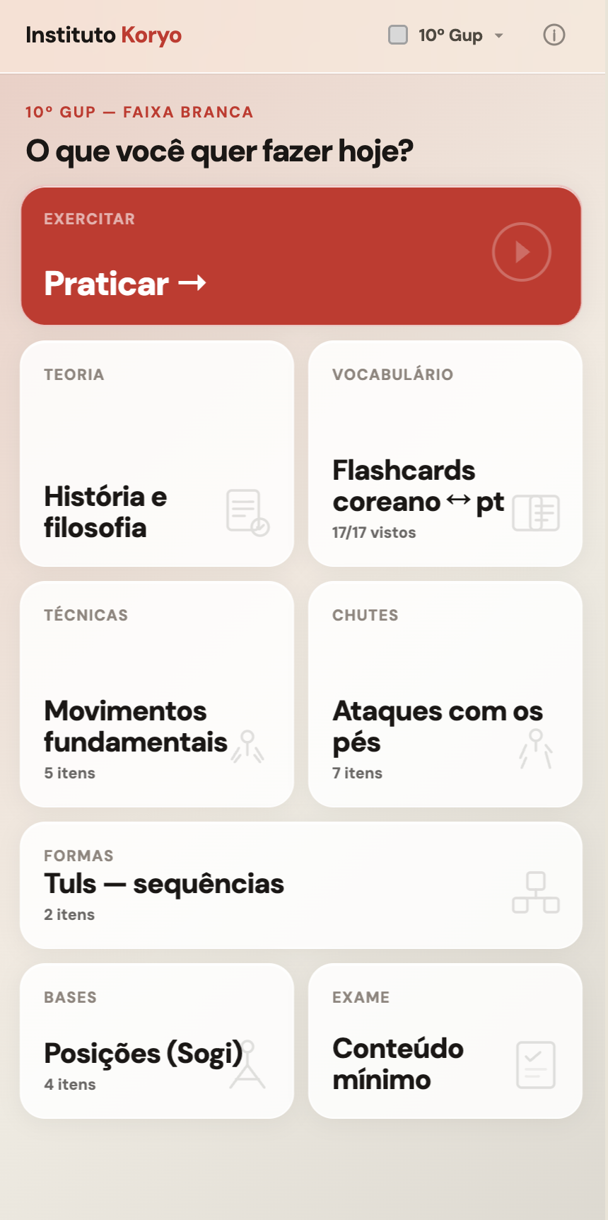 Home screen. Grade context at the top, content categories below. Primary action — Praticar — is the full curriculum review with quiz.