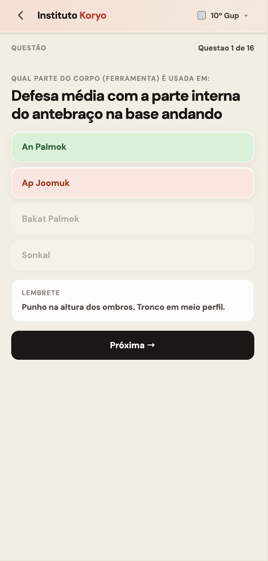 Answer revealed. Correct in green, selected wrong in red, unchosen options fade. Contextual reminder surfaces beneath the answer.