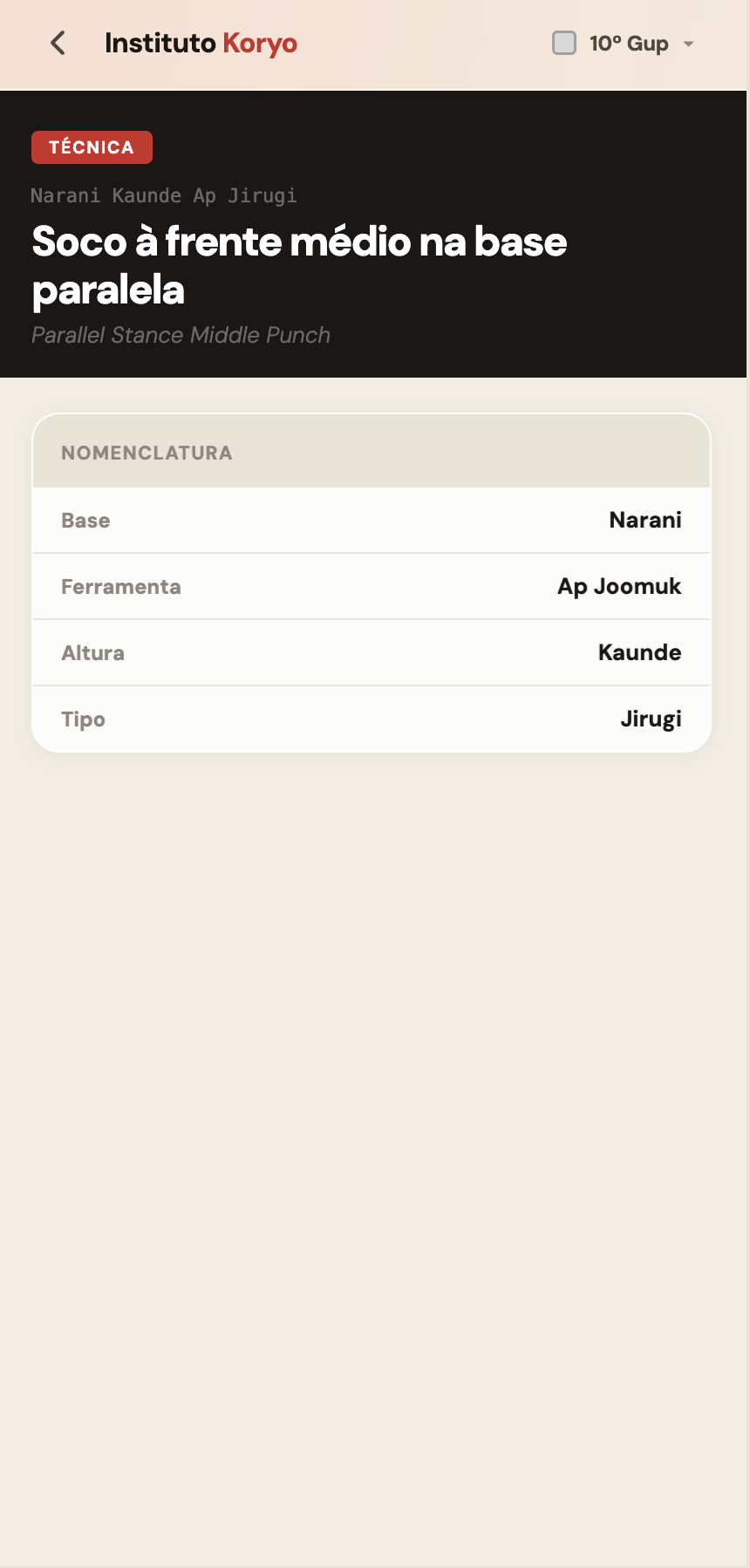 Technique detail. Korean name, Portuguese translation, English reference, nomenclature breakdown by component.