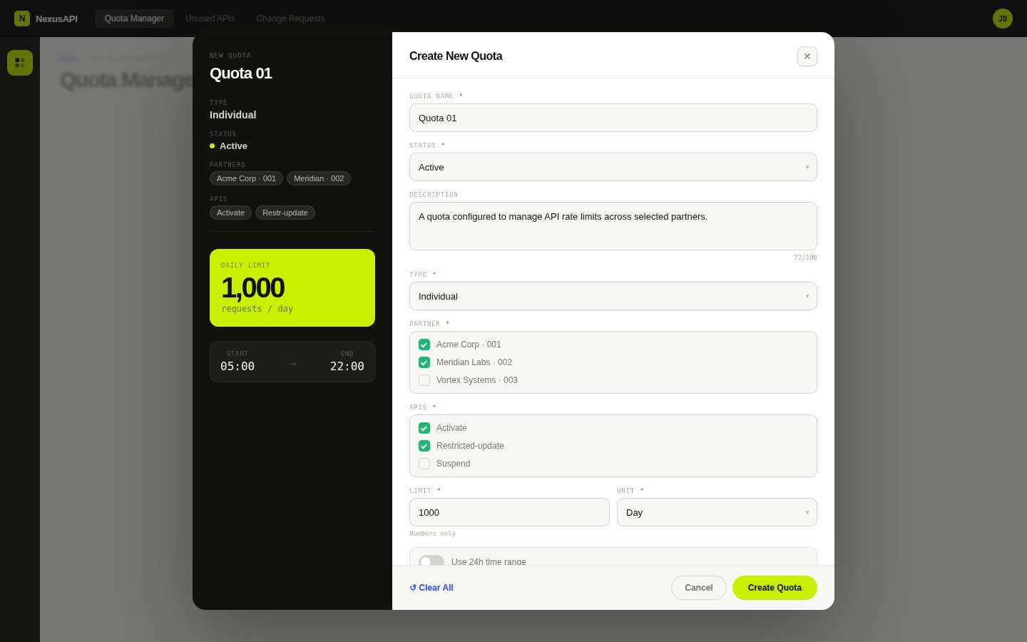 Create quota flow with live preview panel. Form updates the preview in real time. Partners, APIs, limit and time window visible before submitting.