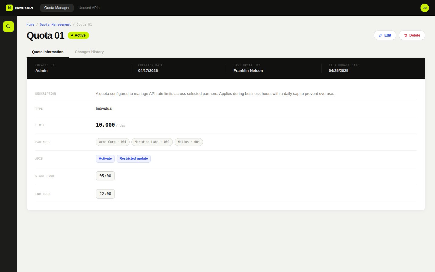 Quota detail view. Metadata, type, limit, partners and APIs in a structured field layout. Two tabs: Quota Information and Changes History.
