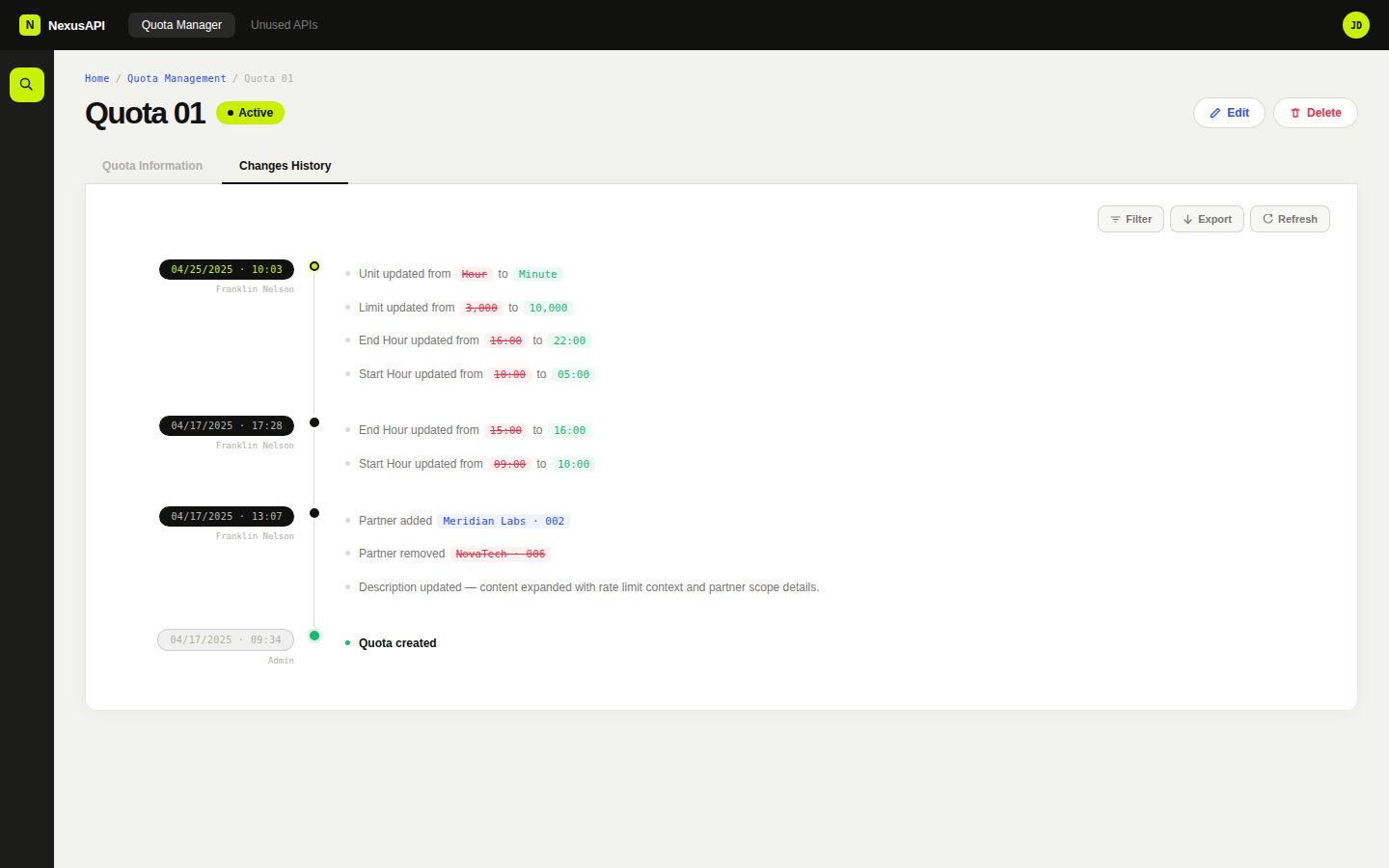 Changes history tab. Full audit trail with timestamped sessions, diff coloring for removed and added values, per-session grouping.